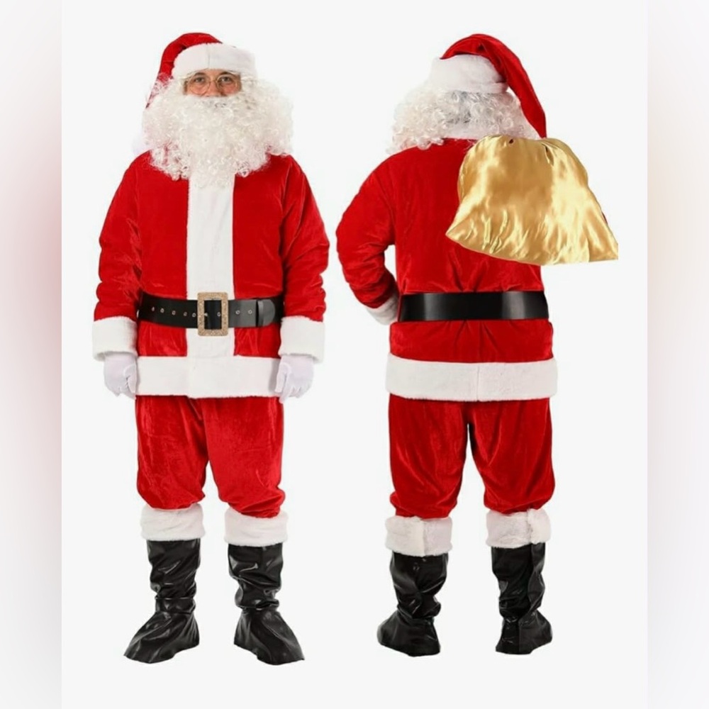 Classic Men's 10 piece Medium Red Santa Suit with White Trim and Black Belt